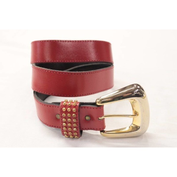 Vintage 1990s Red Leather Belt Gold Studs Buckle Large 29" to 23" waist - Picture 2 of 10